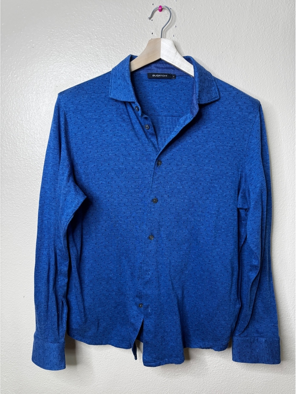 Bugatchi Men’s Large Blue Micro Print Long Sleeve Button-Up Shirt Cotton Tencel